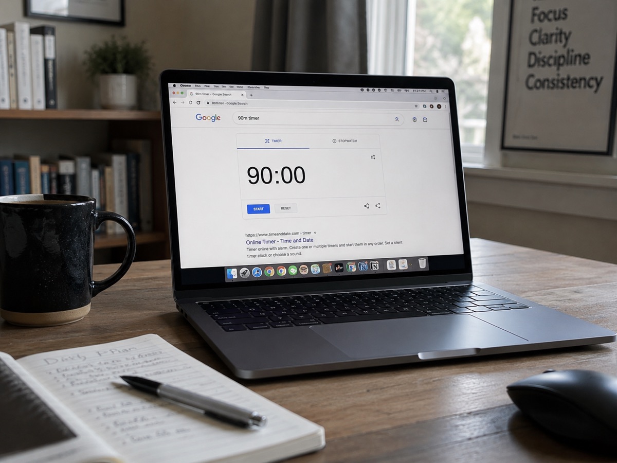 A laptop on a desk showing a 90-minute timer ready to start.
