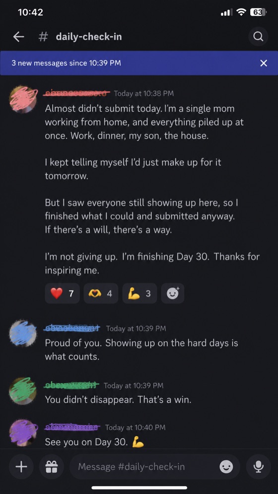 Discord messages from participants reporting their daily results.
